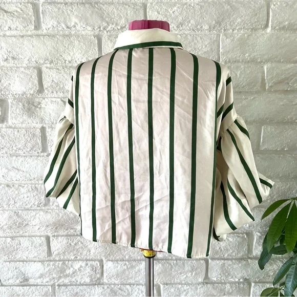 Elegant Milk & Honey Striped Button Down Blouse Puffy Sleeves - Picture 3 of 9